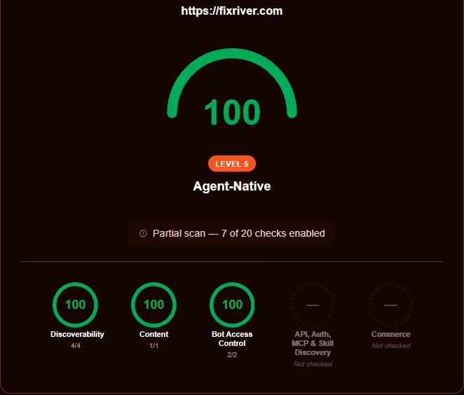 Is It Agent Ready: fixriver.com obtiene 100 y nivel 5, Agent-Native